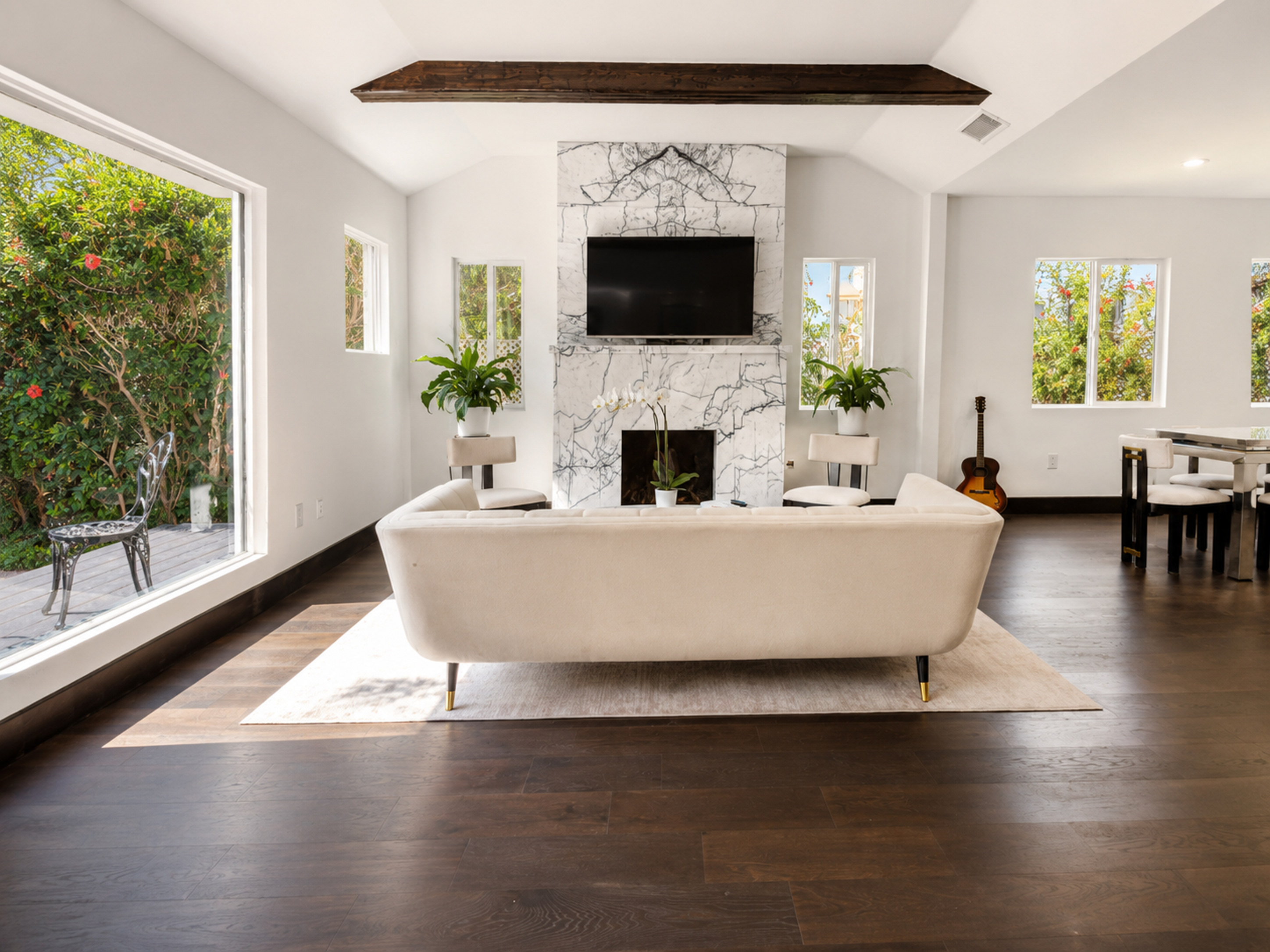 Living room with marble fireplace